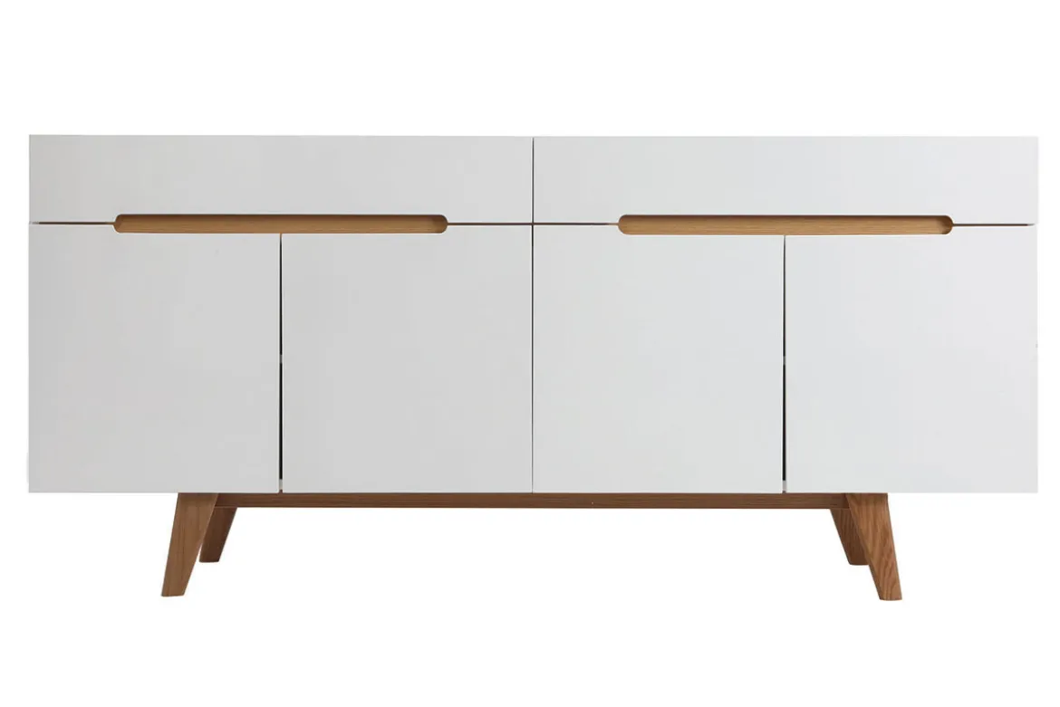 Buffet scandinave blanc laqué brillant et finition bois clair 4 portes 2 tiroirs L180 cm MELKA