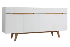 Buffet scandinave blanc laqué brillant et finition bois clair 4 portes 2 tiroirs L180 cm MELKA