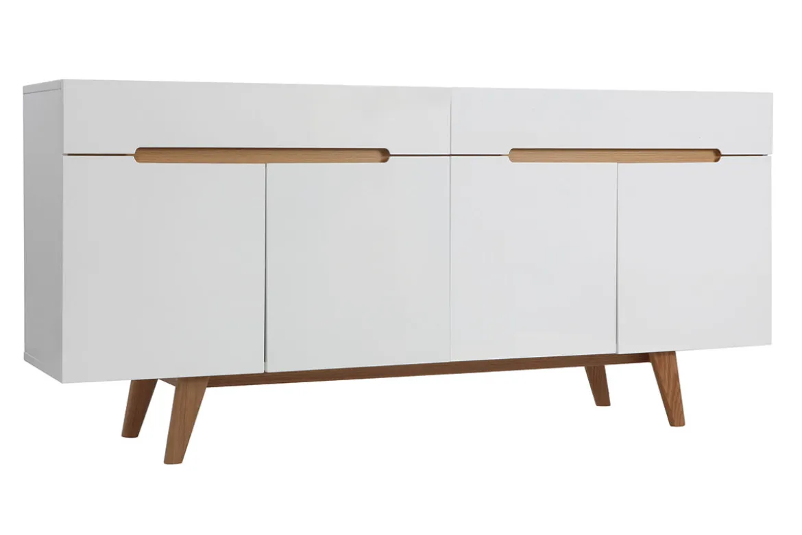 Buffet scandinave blanc laqué brillant et finition bois clair 4 portes 2 tiroirs L180 cm MELKA