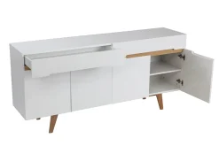 Buffet scandinave blanc laqué brillant et finition bois clair 4 portes 2 tiroirs L180 cm MELKA