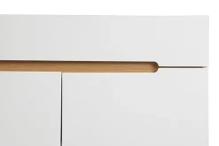 Buffet scandinave blanc laqué brillant et finition bois clair 4 portes 2 tiroirs L180 cm MELKA