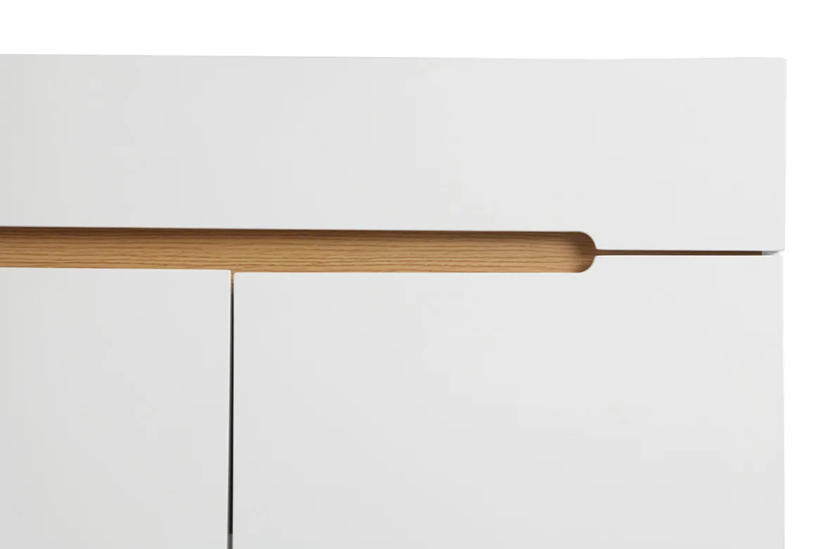 Buffet scandinave blanc laqué brillant et finition bois clair 4 portes 2 tiroirs L180 cm MELKA
