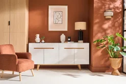 Buffet scandinave blanc laqué brillant et finition bois clair 4 portes 2 tiroirs L180 cm MELKA