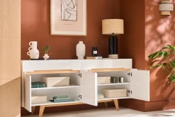 Buffet scandinave blanc laqué brillant et finition bois clair 4 portes 2 tiroirs L180 cm MELKA