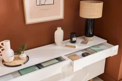 Buffet scandinave blanc laqué brillant et finition bois clair 4 portes 2 tiroirs L180 cm MELKA