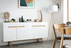 Buffet scandinave blanc laqué brillant et finition bois clair 4 portes 2 tiroirs L180 cm MELKA