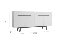 Buffet scandinave blanc laqué brillant et finition bois clair 4 portes 2 tiroirs L180 cm MELKA