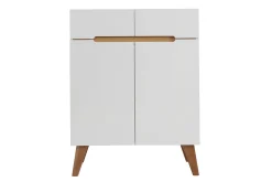 Buffet scandinave blanc laqué brillant et finition bois clair 2 portes 2 tiroirs L80 cm MELKA