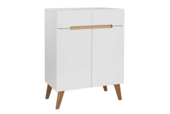 Buffet scandinave blanc laqué brillant et finition bois clair 2 portes 2 tiroirs L80 cm MELKA