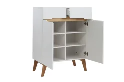 Buffet scandinave blanc laqué brillant et finition bois clair 2 portes 2 tiroirs L80 cm MELKA