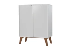 Buffet scandinave blanc laqué brillant et finition bois clair 2 portes 2 tiroirs L80 cm MELKA