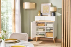 Buffet scandinave blanc laqué brillant et finition bois clair 2 portes 2 tiroirs L80 cm MELKA
