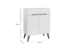 Buffet scandinave blanc laqué brillant et finition bois clair 2 portes 2 tiroirs L80 cm MELKA
