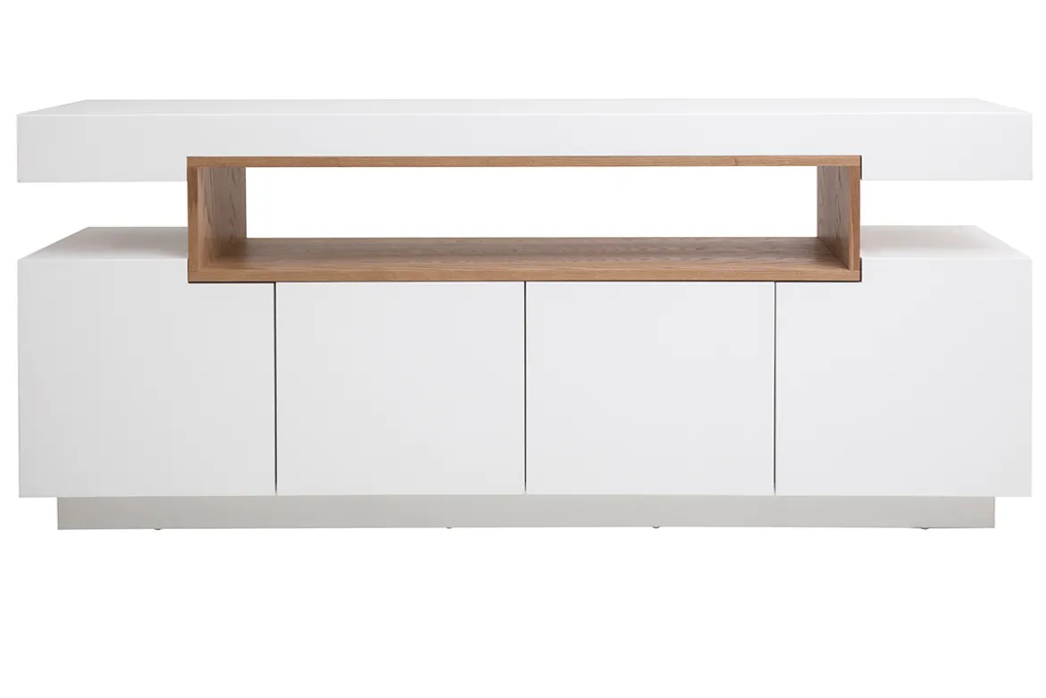 Buffet scandinave blanc laqué brillant et bois 4 portes L180 cm LIVO