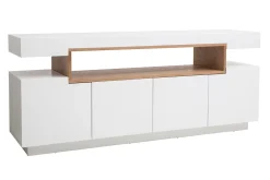 Buffet scandinave blanc laqué brillant et bois 4 portes L180 cm LIVO