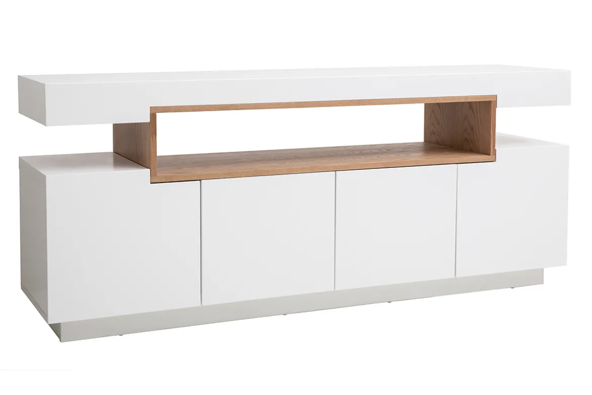 Buffet scandinave blanc laqué brillant et bois 4 portes L180 cm LIVO