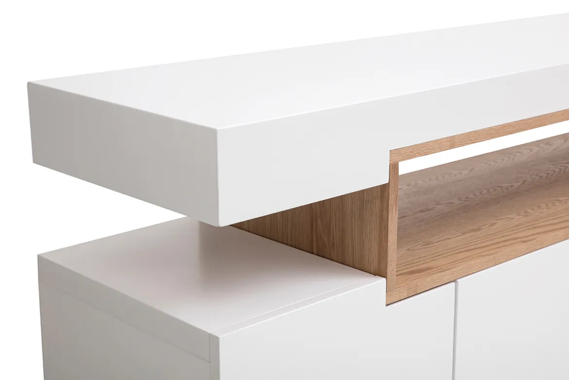 Buffet scandinave blanc laqué brillant et bois 4 portes L180 cm LIVO