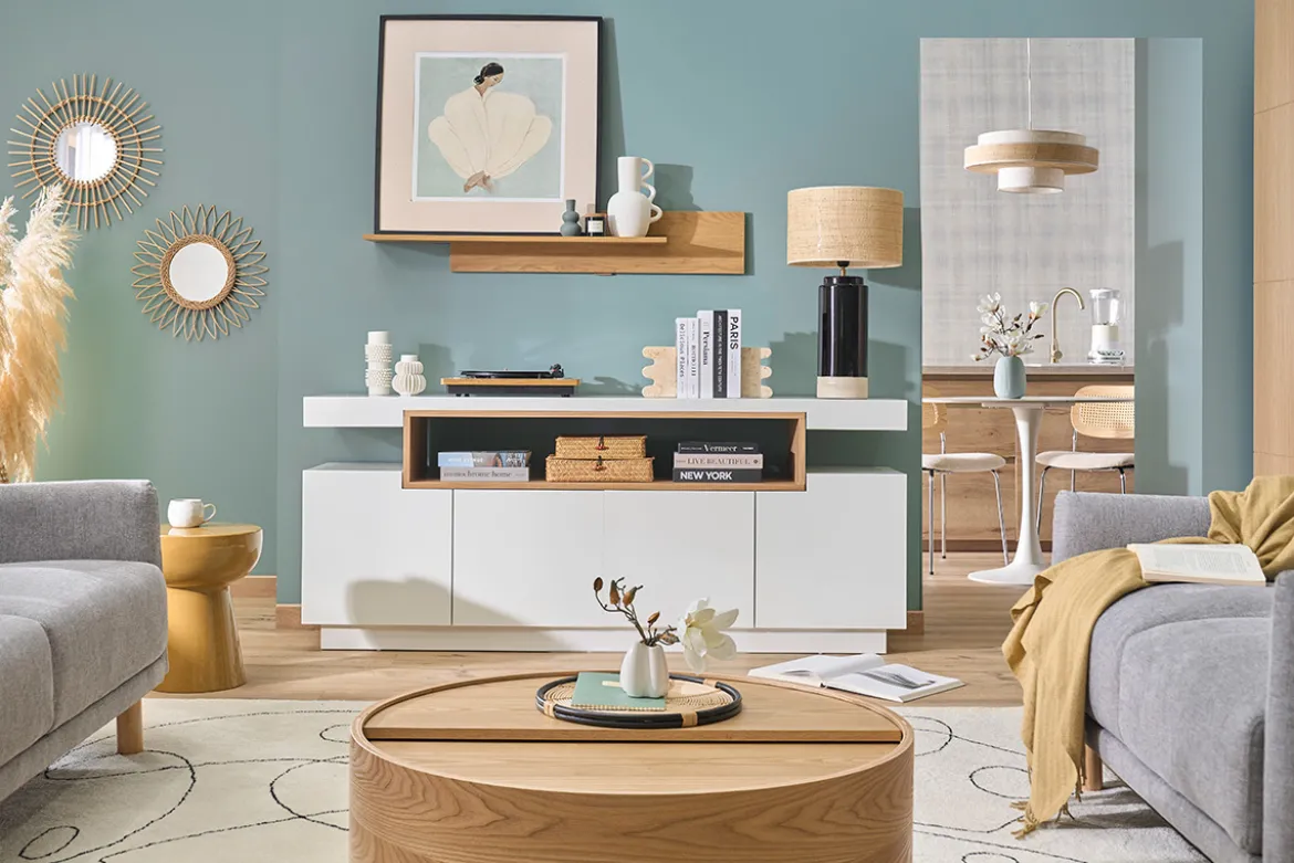 Buffet scandinave blanc laqué brillant et bois 4 portes L180 cm LIVO