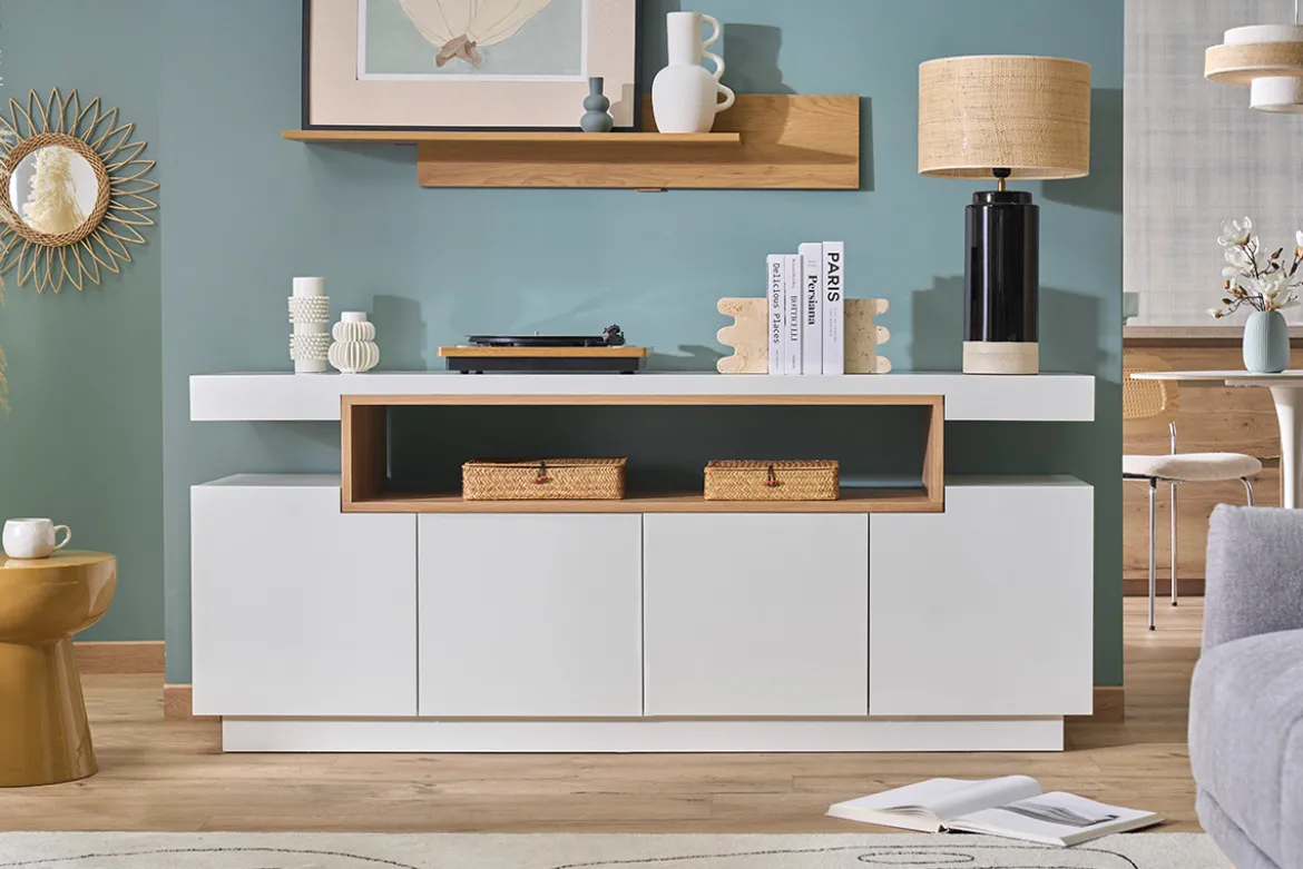 Buffet scandinave blanc laqué brillant et bois 4 portes L180 cm LIVO
