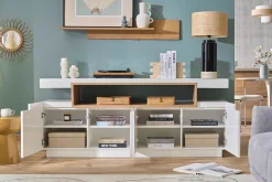 Buffet scandinave blanc laqué brillant et bois 4 portes L180 cm LIVO