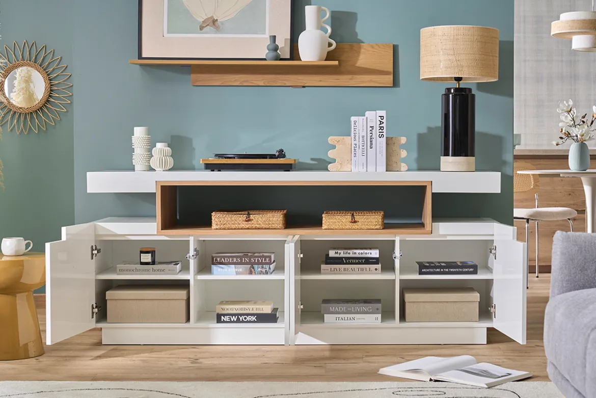Buffet scandinave blanc laqué brillant et bois 4 portes L180 cm LIVO
