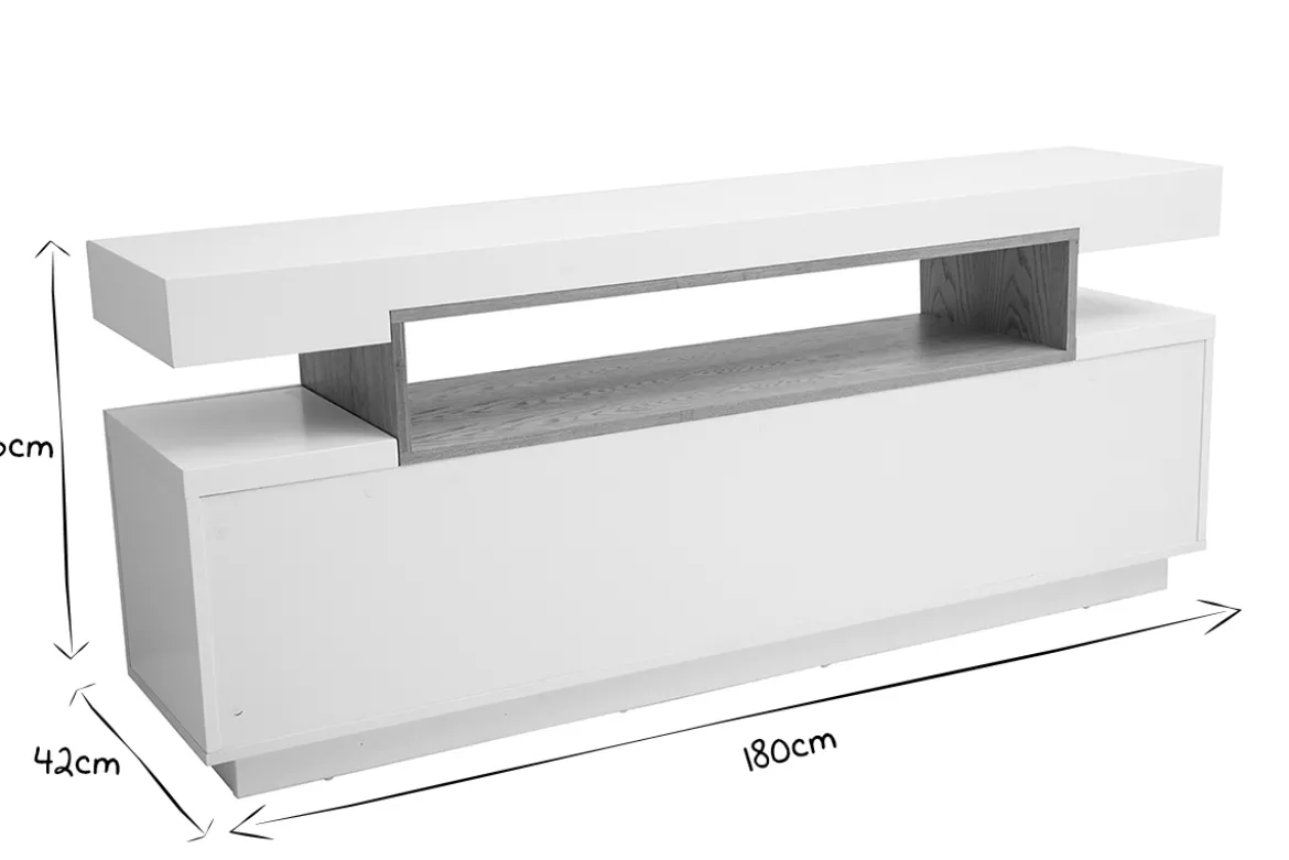 Buffet scandinave blanc laqué brillant et bois 4 portes L180 cm LIVO