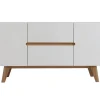 Buffet scandinave blanc laqué brillant et finition bois clair 2 portes 2 tiroirs L160 cm MELKA
