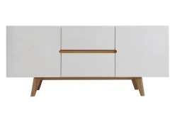 Buffet scandinave blanc laqué brillant et finition bois clair 2 portes 2 tiroirs L160 cm MELKA