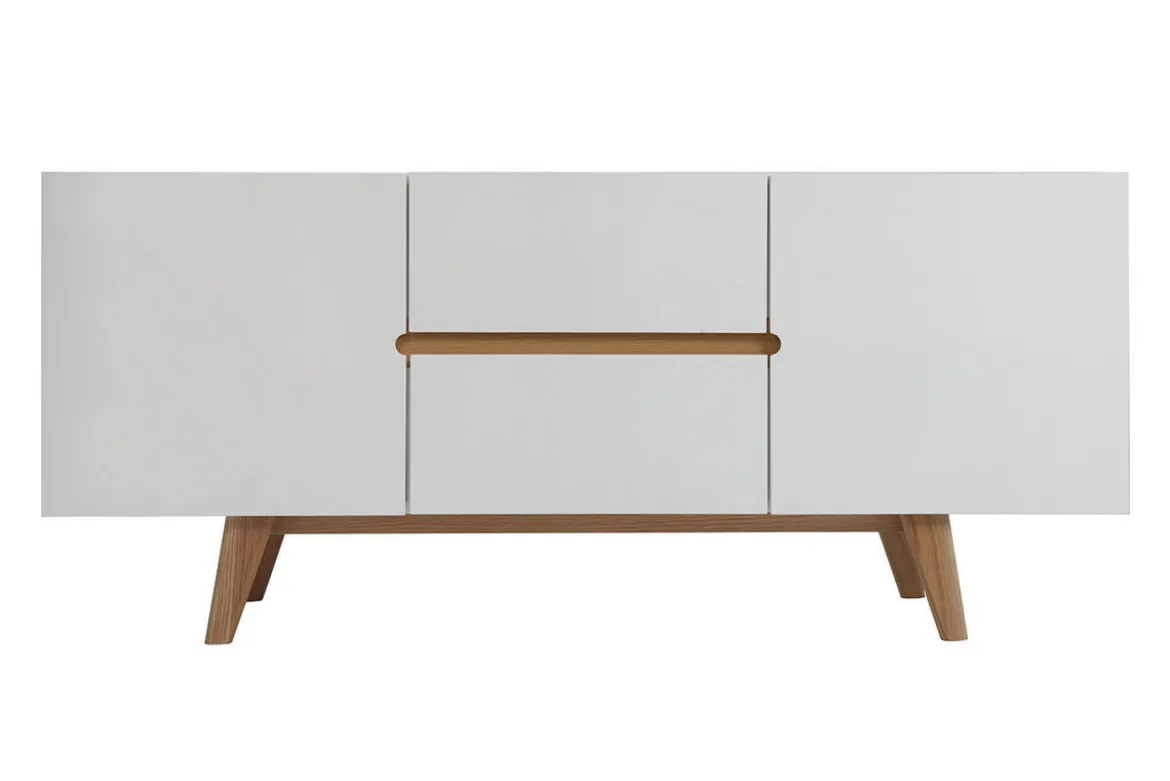 Buffet scandinave blanc laqué brillant et finition bois clair 2 portes 2 tiroirs L160 cm MELKA