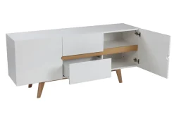 Buffet scandinave blanc laqué brillant et finition bois clair 2 portes 2 tiroirs L160 cm MELKA