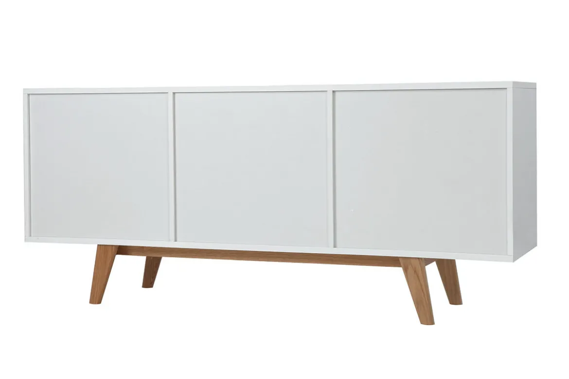 Buffet scandinave blanc laqué brillant et finition bois clair 2 portes 2 tiroirs L160 cm MELKA
