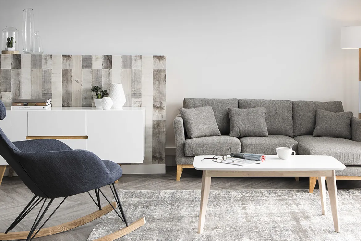 Buffet scandinave blanc laqué brillant et finition bois clair 2 portes 2 tiroirs L160 cm MELKA