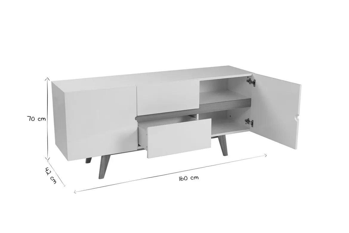 Buffet scandinave blanc laqué brillant et finition bois clair 2 portes 2 tiroirs L160 cm MELKA