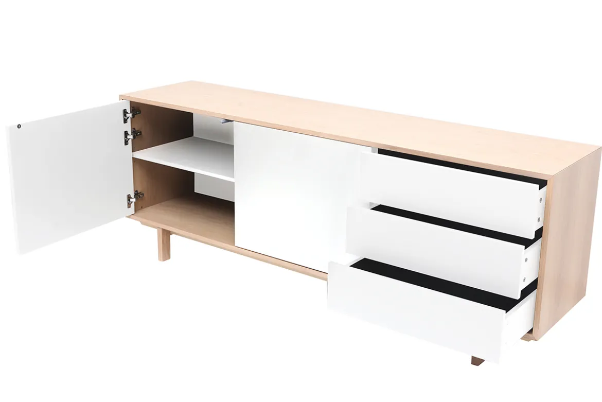 Buffet scandinave bois et blanc 2 portes 3 tiroirs L195 cm SID