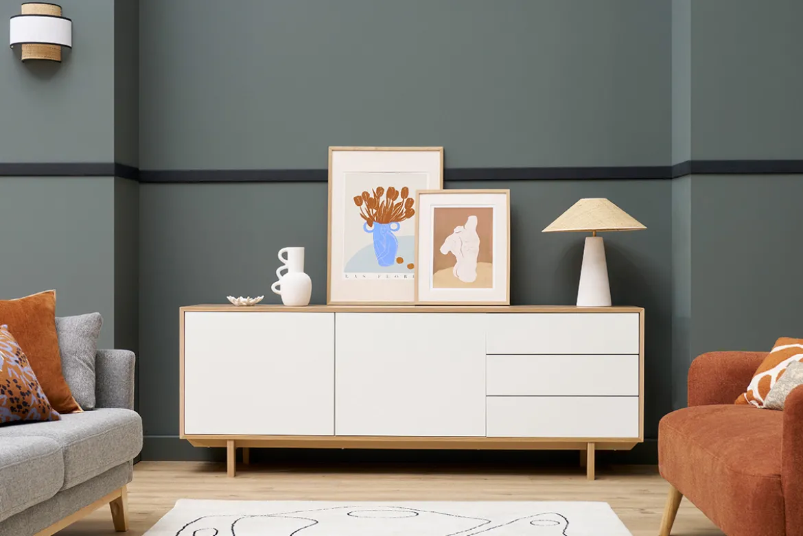 Buffet scandinave bois et blanc 2 portes 3 tiroirs L195 cm SID