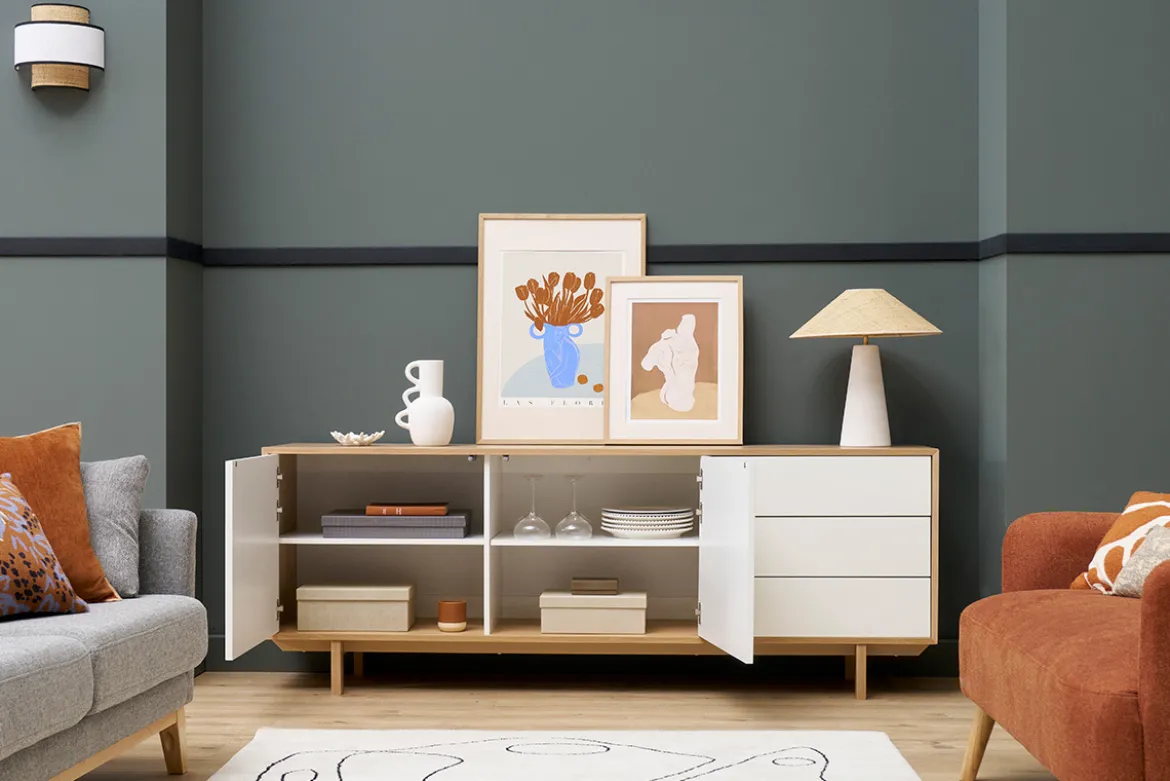 Buffet scandinave bois et blanc 2 portes 3 tiroirs L195 cm SID