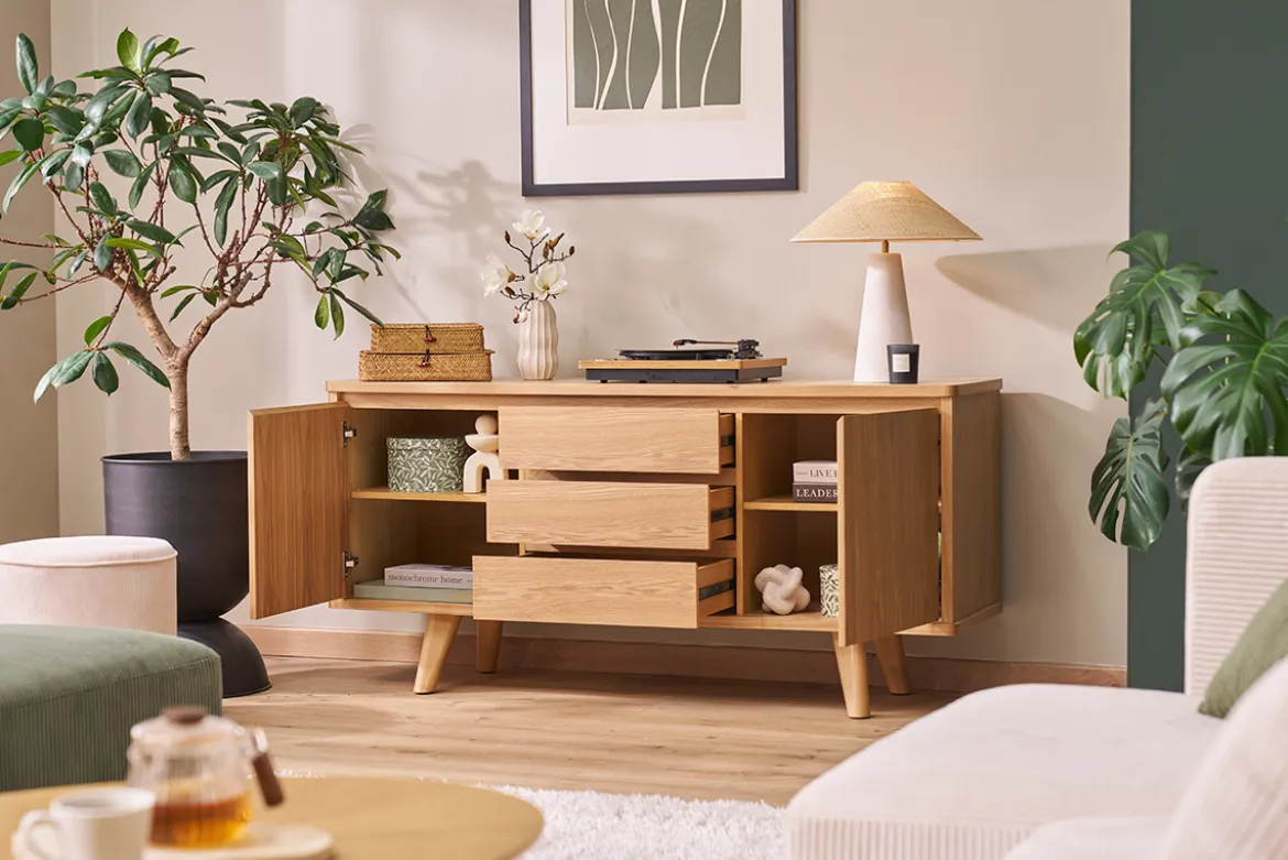 Buffet scandinave en bois clair frêne 2 portes 3 tiroirs L160 cm FIFTIES