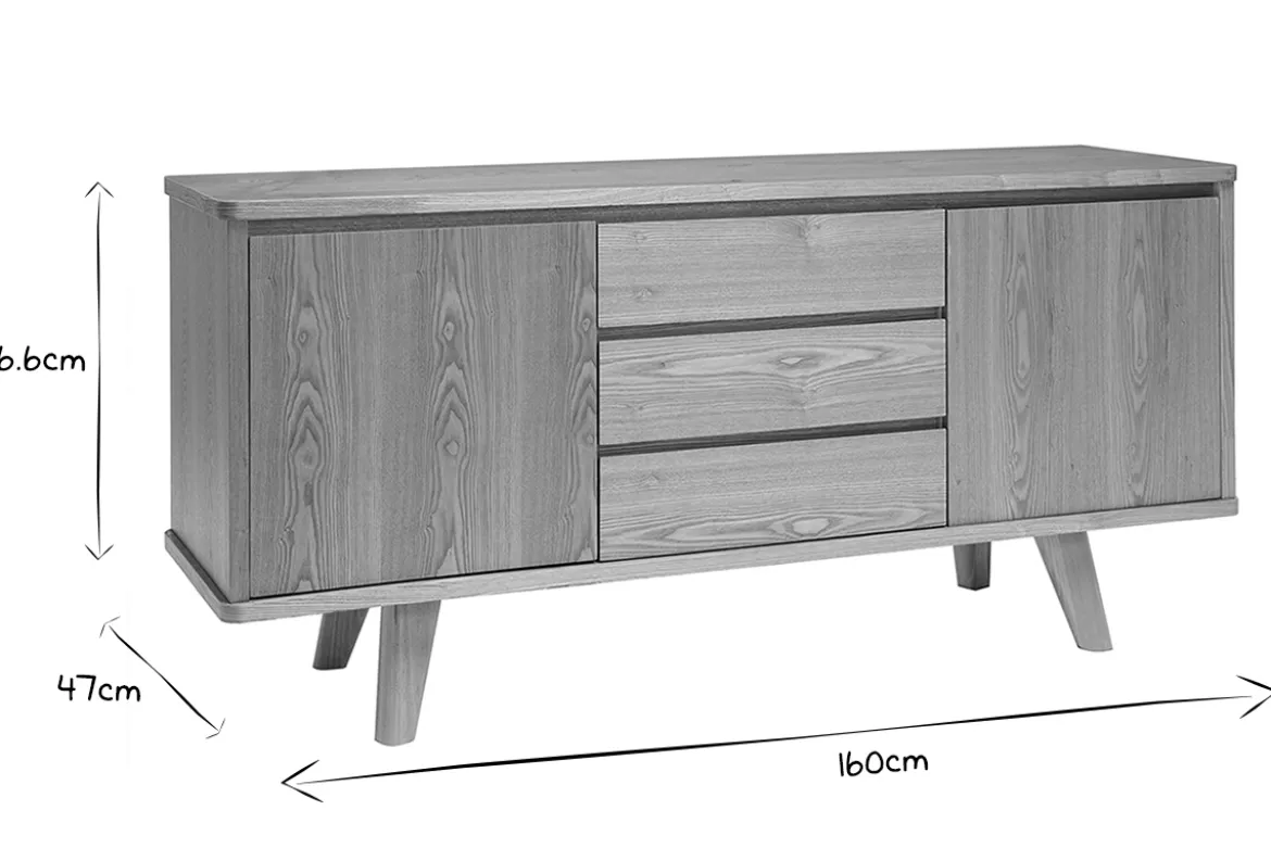 Buffet scandinave en bois clair frêne 2 portes 3 tiroirs L160 cm FIFTIES