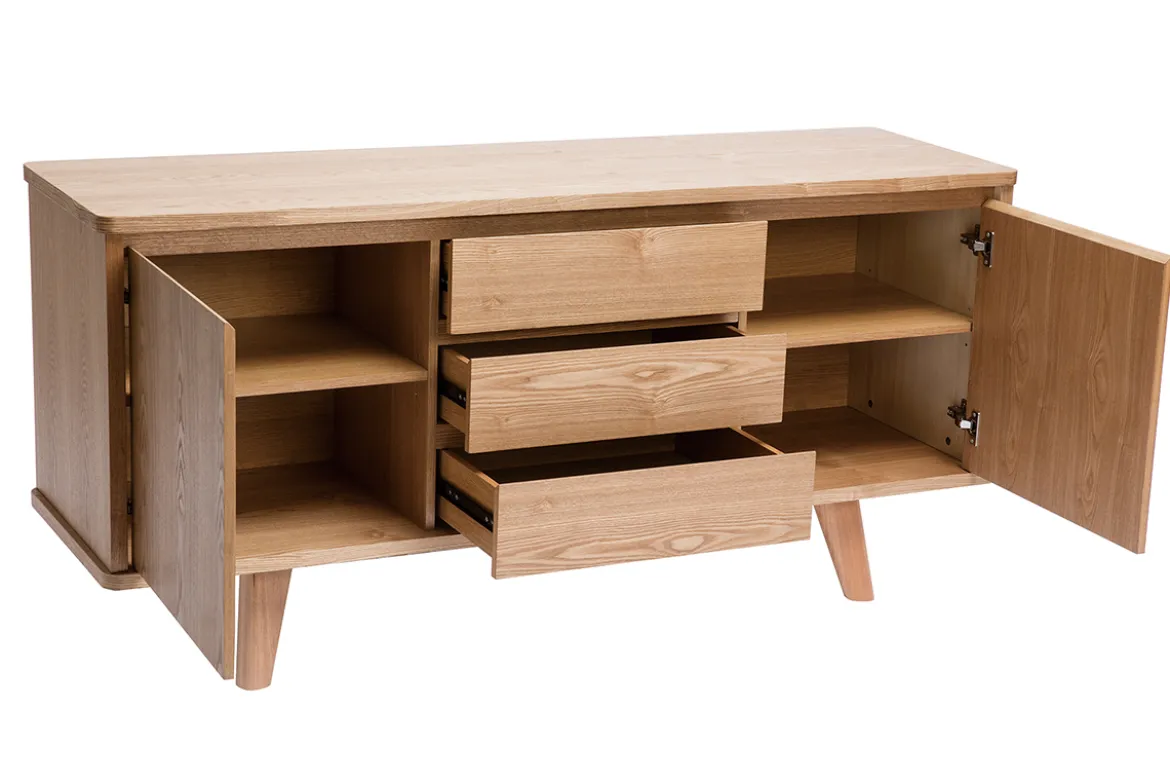 Buffet scandinave en bois clair frêne 2 portes 3 tiroirs L160 cm FIFTIES