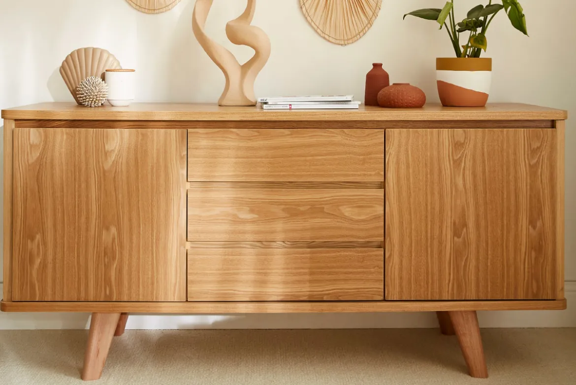 Buffet scandinave en bois clair frêne 2 portes 3 tiroirs L160 cm FIFTIES