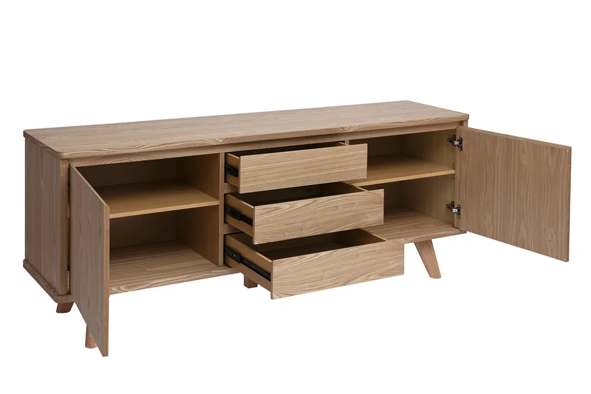 Buffet scandinave en bois clair frêne 2 portes 3 tiroirs L180 cm FIFTIES