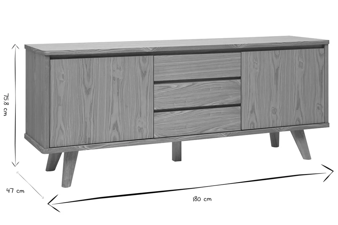 Buffet scandinave en bois clair frêne 2 portes 3 tiroirs L180 cm FIFTIES