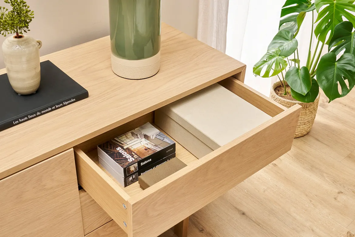 Buffet scandinave en bois clair 2 portes 3 tiroirs L195cm SID