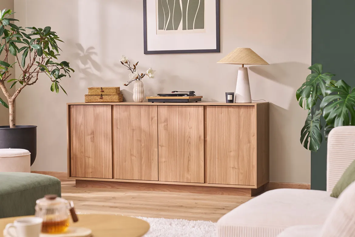 Buffet scandinave finition bois chêne 4 portes L180 cm COMO