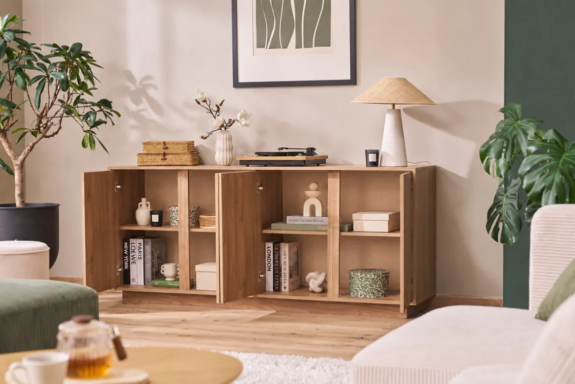Buffet scandinave finition bois chêne 4 portes L180 cm COMO