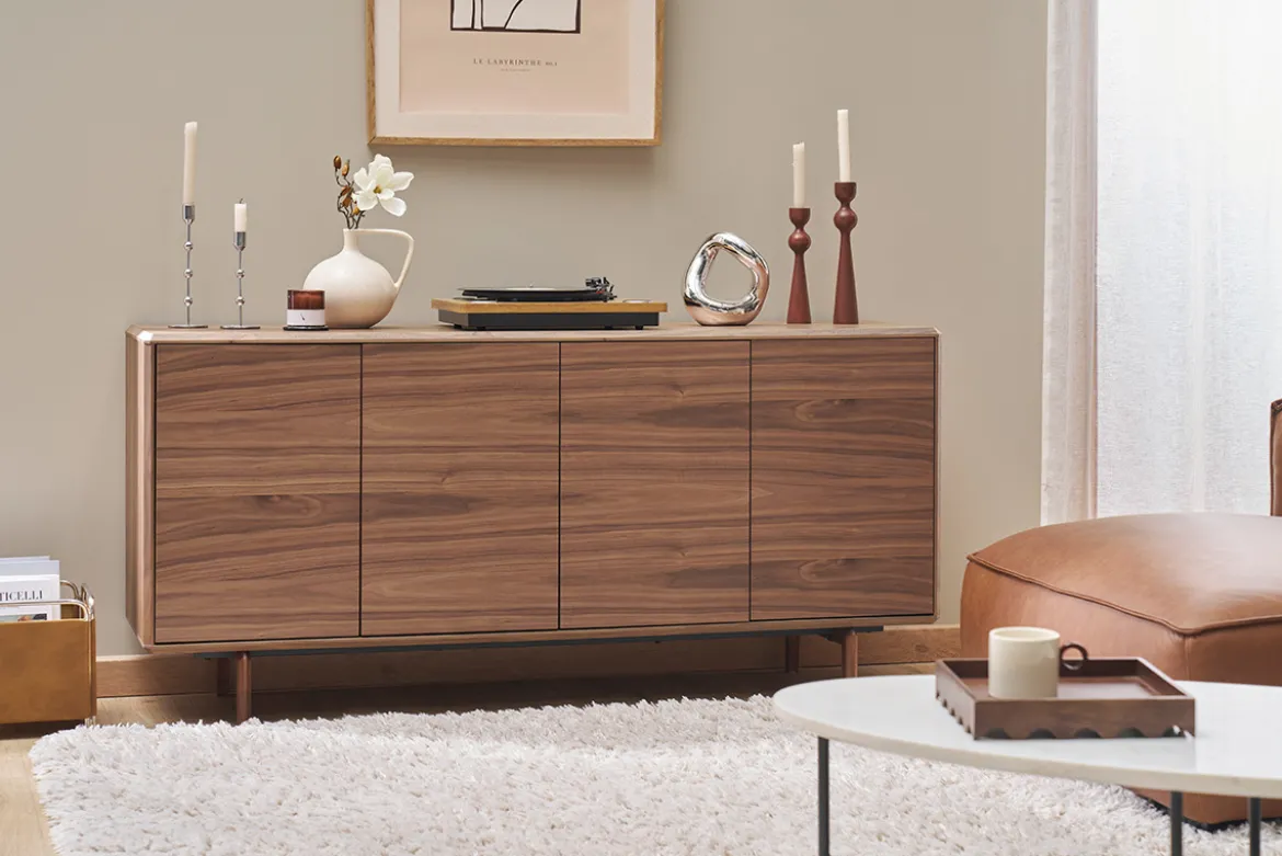 Buffet vintage en bois foncé noyer 4 portes L160 cm SUVA