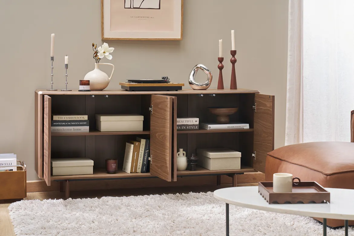 Buffet vintage en bois foncé noyer 4 portes L160 cm SUVA