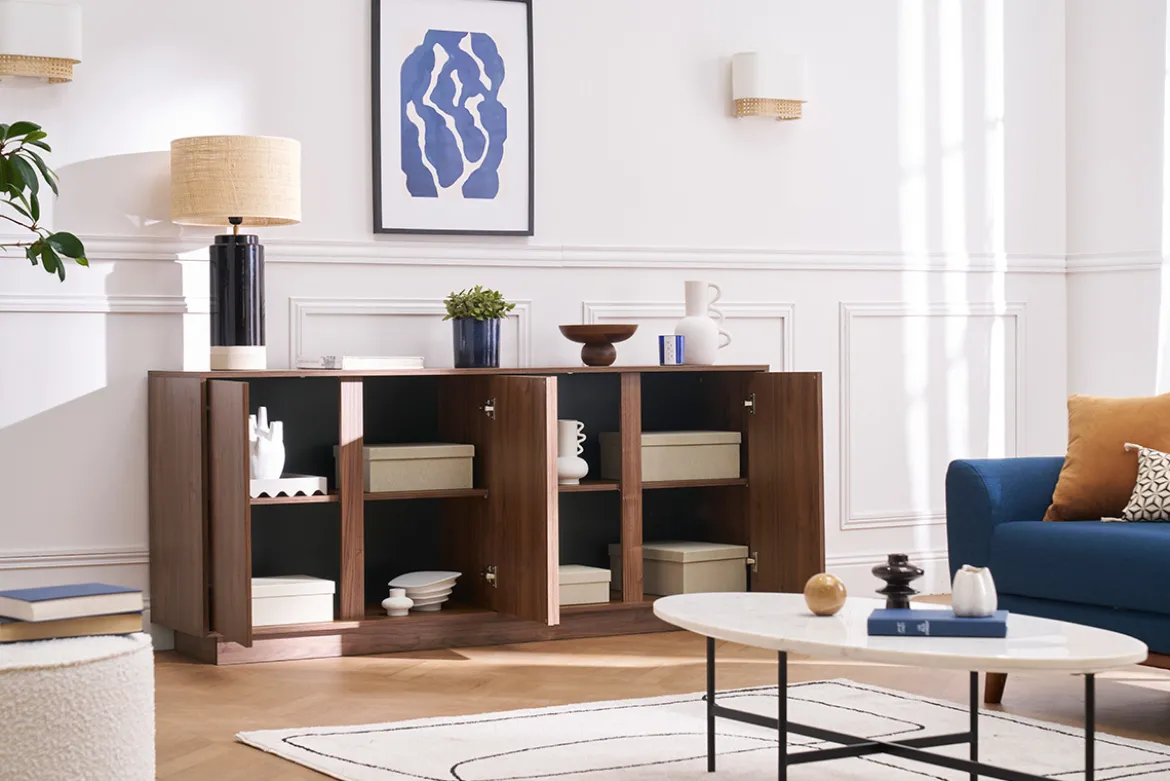 Buffet vintage finition bois foncé noyer 4 portes L180 cm COMO