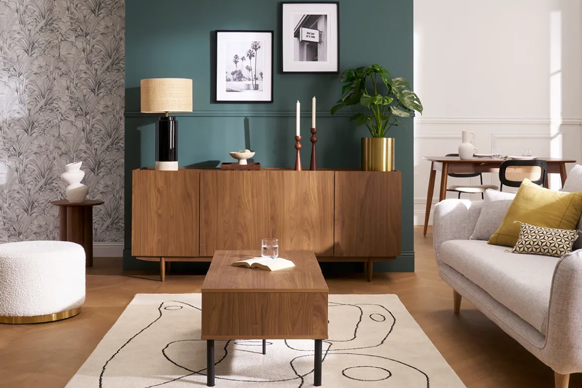 Buffet vintage finition bois foncé noyer 4 portes L180 cm SANAA