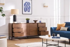 Buffet vintage finition bois foncé noyer et métal noir avec rangements L180 cm SARTO